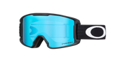 Oakley ski goggles with a bright blue mirrored lens, black frame, and black strap featuring a white Oakley logo.