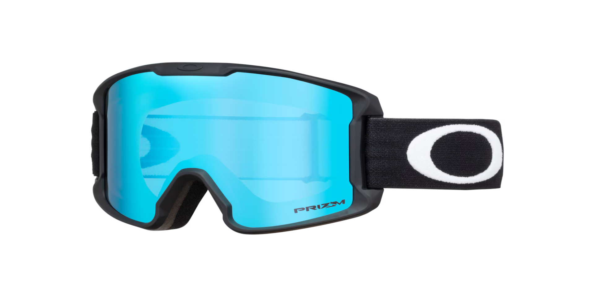 Oakley ski goggles with a bright blue mirrored lens, black frame, and black strap featuring a white Oakley logo.
