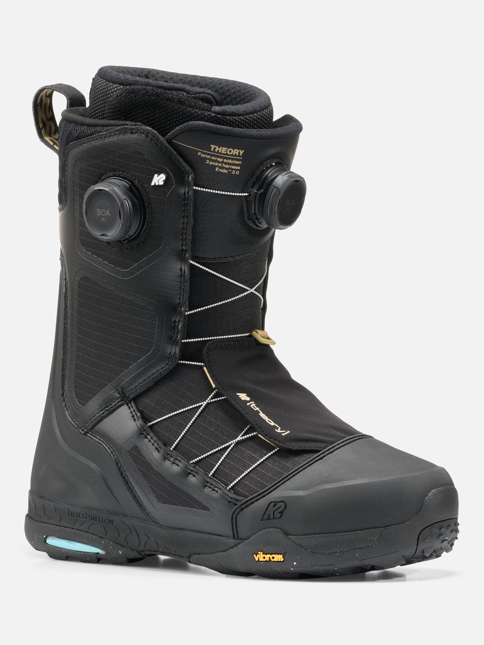 Black snowboard boot with visible branding on a white background
