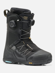 Black snowboard boot with visible branding on a white background