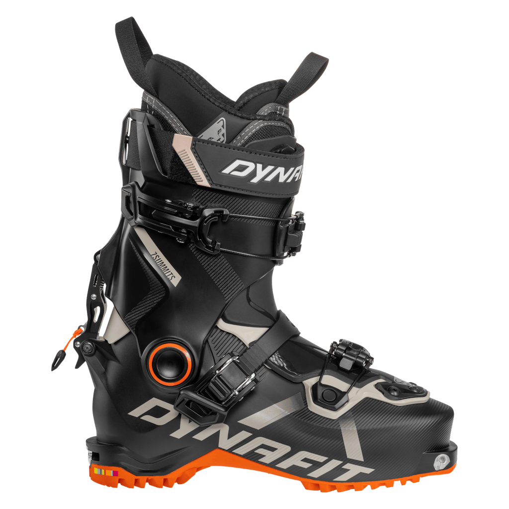 Lightweight 2027 Dynafit Seven Summits Ski Touring boot, black and grey shell, designed for backcountry skiing. Side View.
