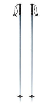A pair of Atomic ski poles with metallic silver shafts and black handles, shown vertically against a plain white background.