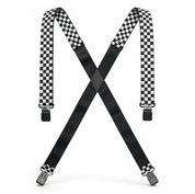 Black and white checkered suspenders with solid black crossing straps and silver metal clips, displayed on a clean white background.