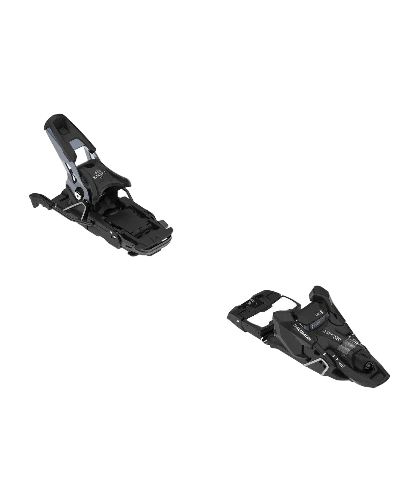 Two black ski bindings on a white background