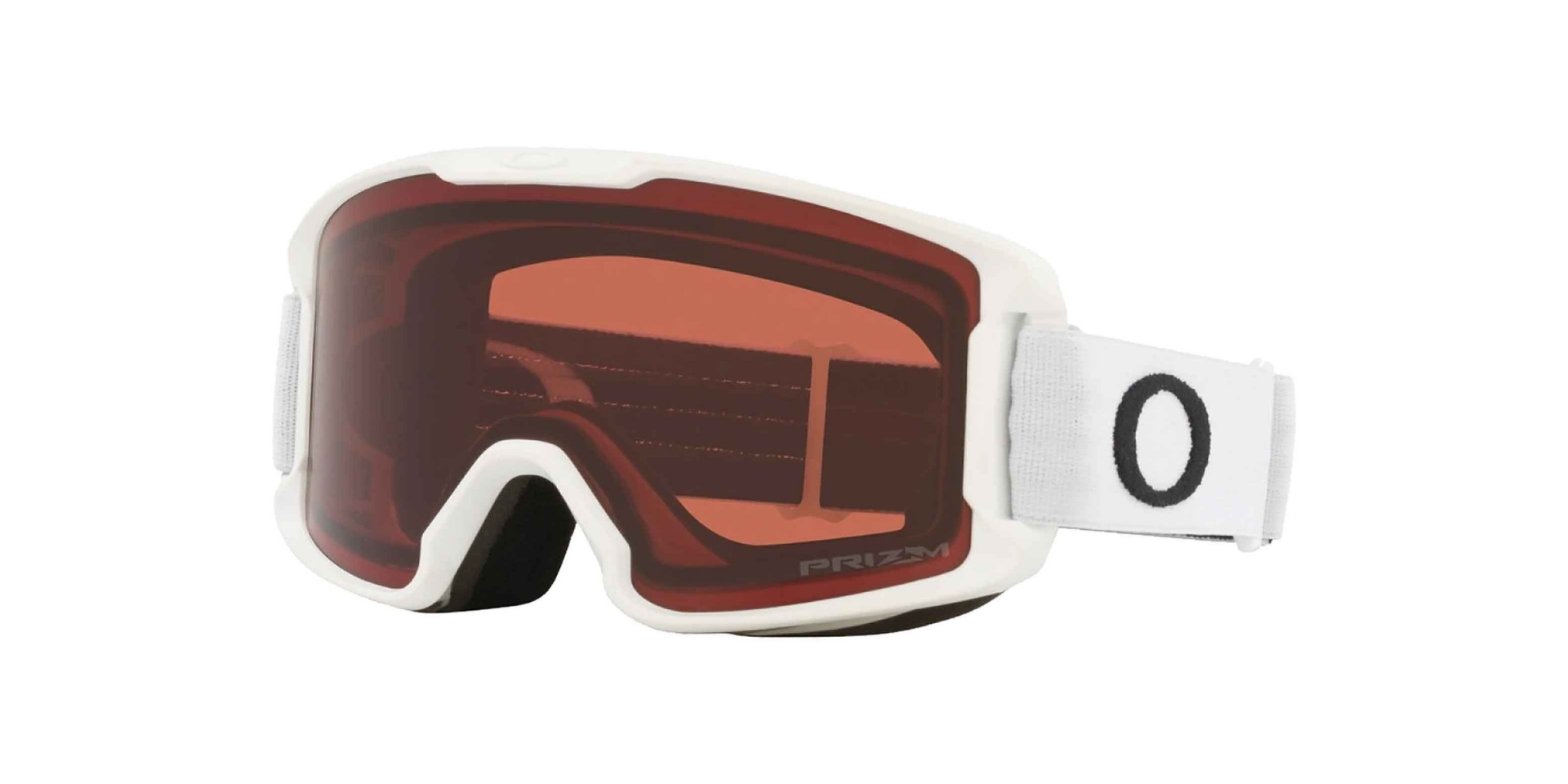 Oakley goggles with a white frame, a translucent red-orange lens, and a white strap featuring a black 'O' logo.