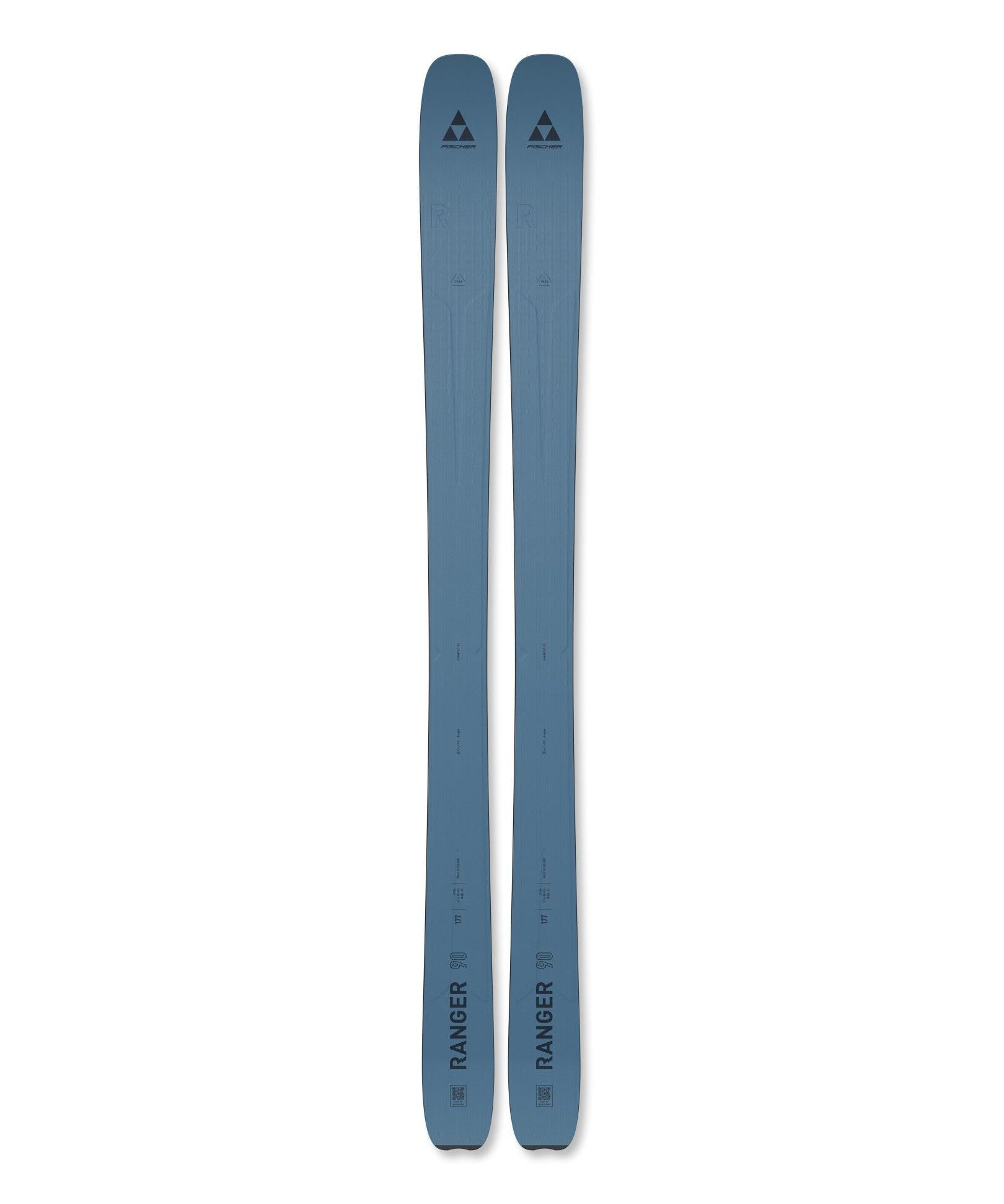 A pair of blue ski tips with 'RANGER' branding and a small triangle logo, displayed horizontally against a solid white background.
