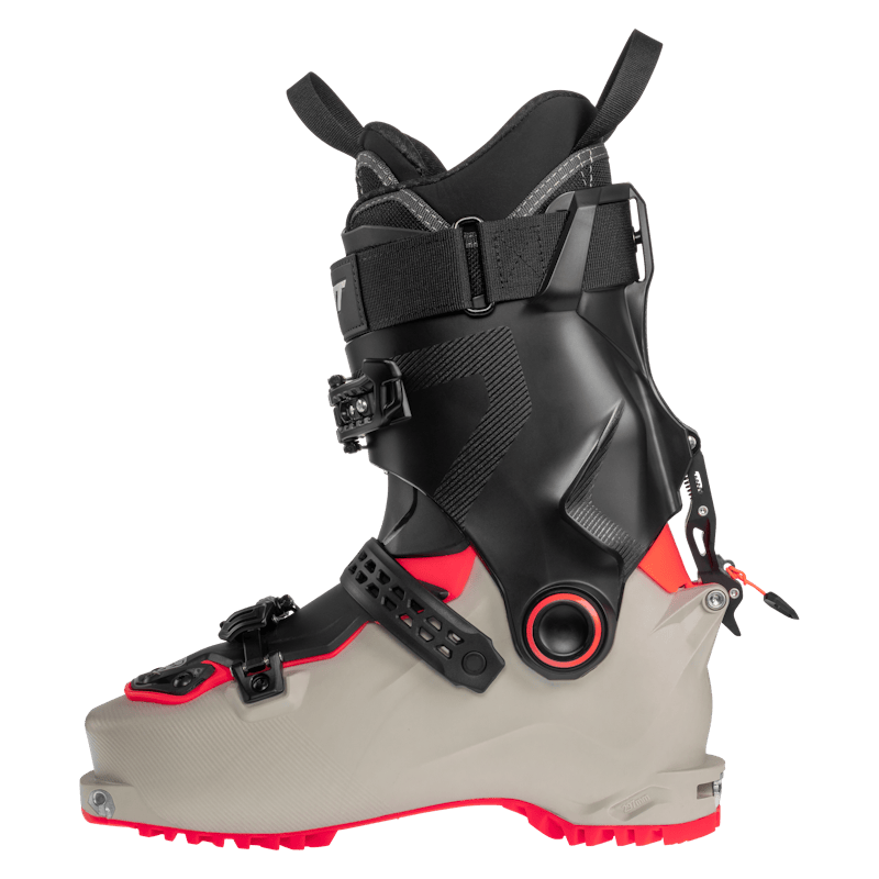 Lightweight 2027 Dynafit Seven Summits Womens Ski Touring boot, brown and red shell, designed for backcountry skiing. Side View.