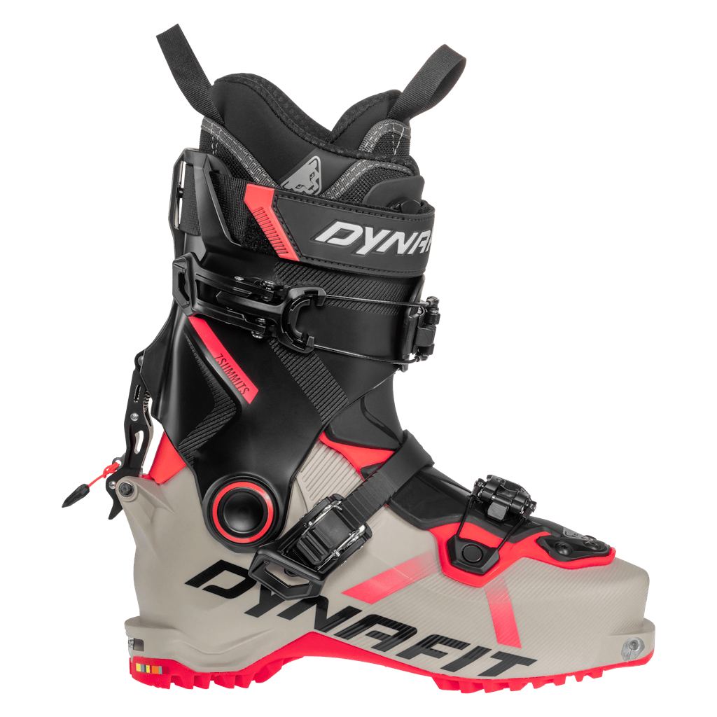 Lightweight 2027 Dynafit Seven Summits Womens Ski Touring boot, brown and red shell, designed for backcountry skiing. Side View.