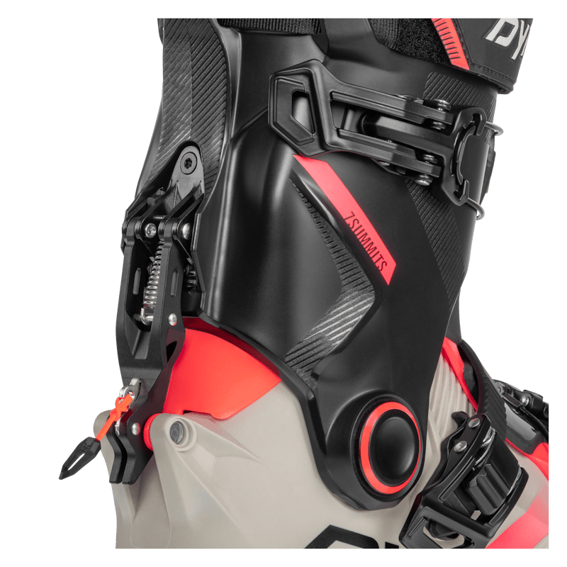 Lightweight 2027 Dynafit Seven Summits Womens Ski Touring boot, Speedlock Walk Mode, designed for backcountry skiing. Rear View.