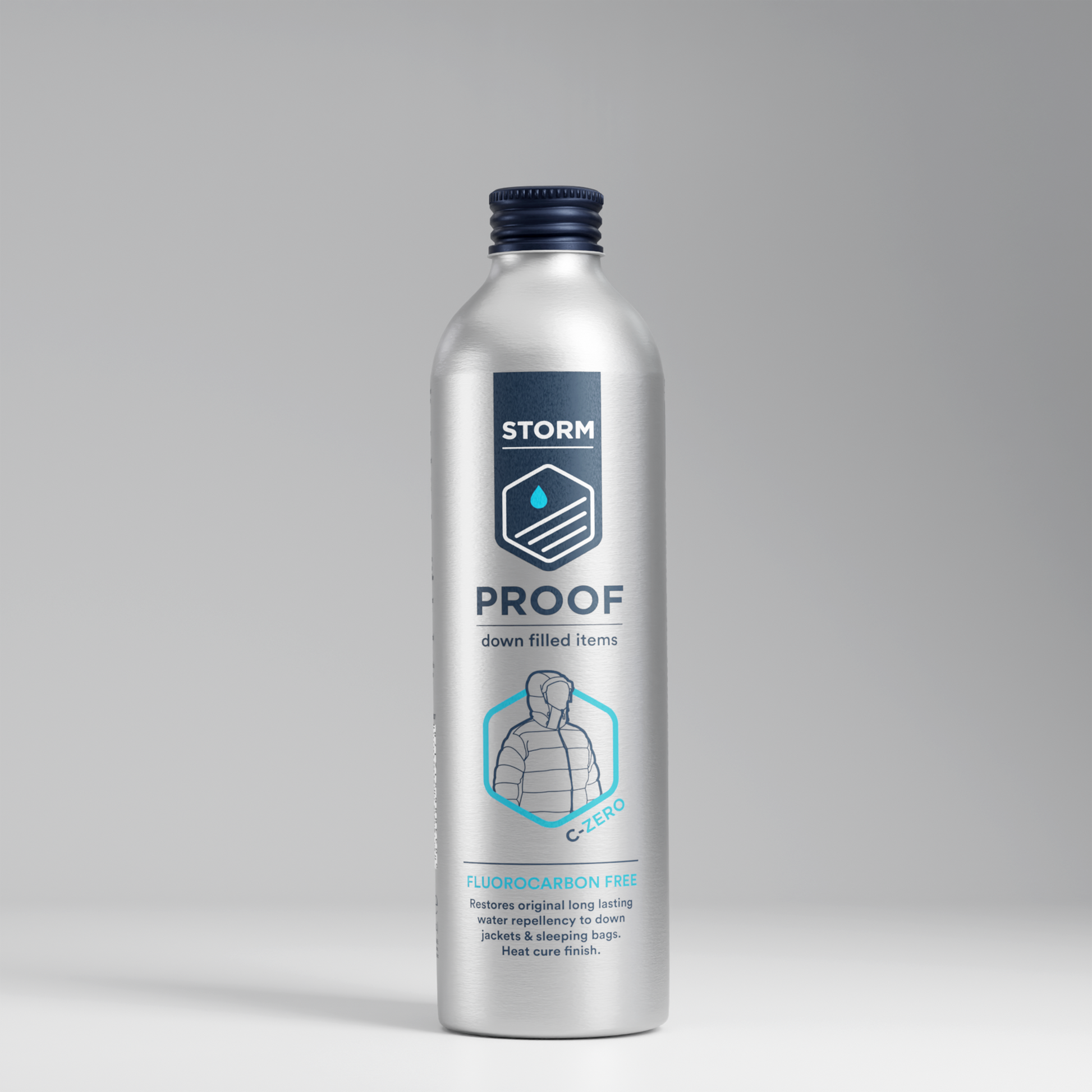 Waterproof laundry additive for down filled clothing in silver bottle with navy top
