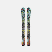 A pair of HEAD skis with colorful graffiti-style graphics and dark gray bindings, shown vertically against a light gray background.