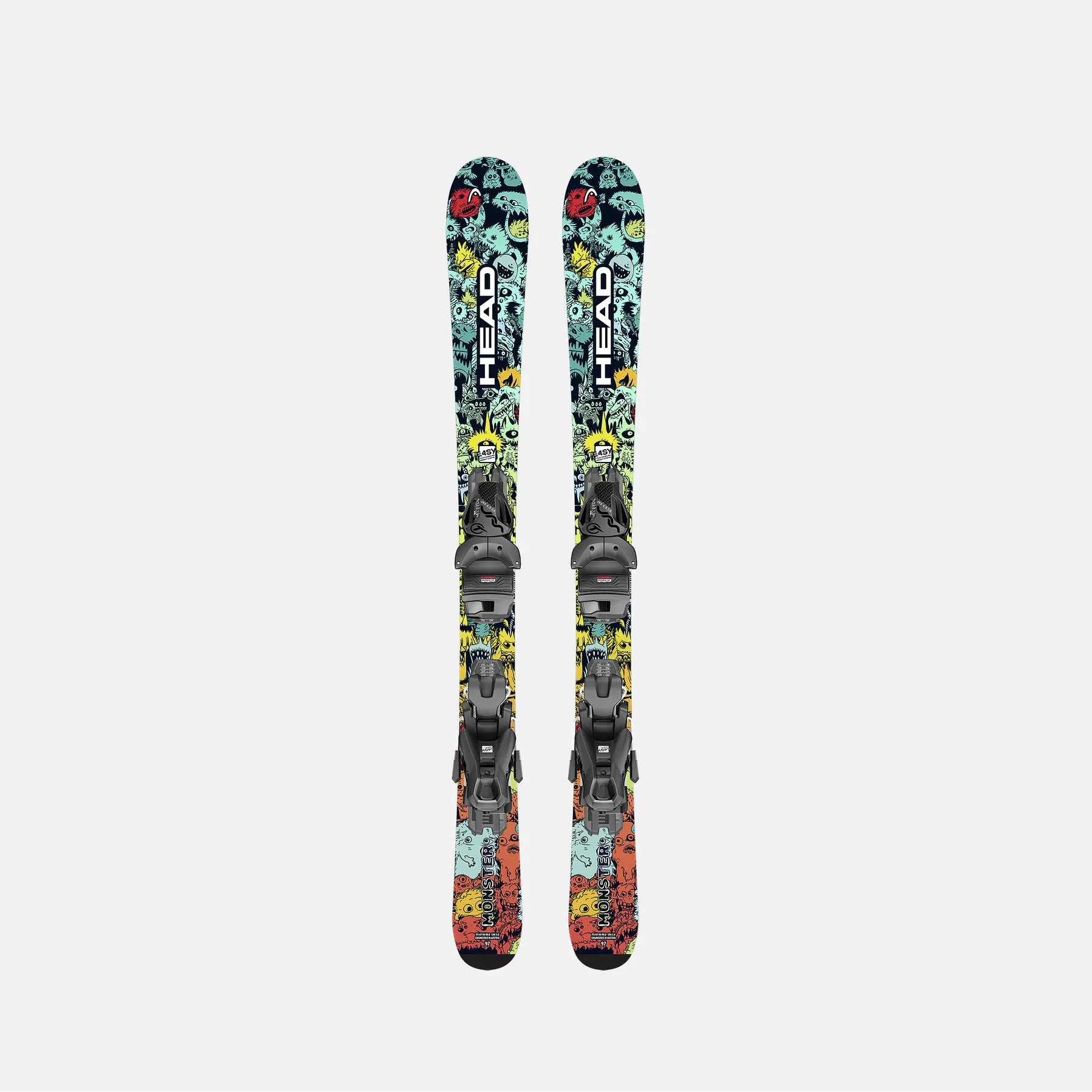 A pair of HEAD skis with colorful graffiti-style graphics and dark gray bindings, shown vertically against a light gray background.