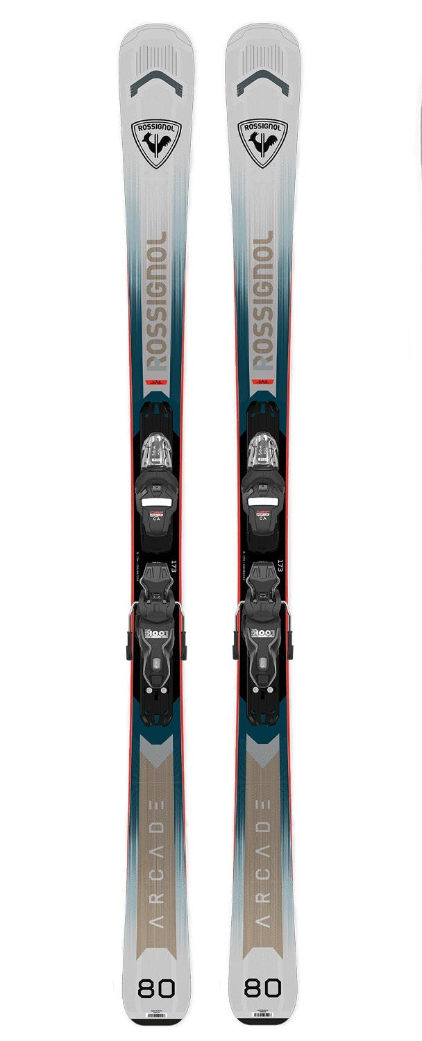 Rossignol Arcade 80 skis with bindings on a white background