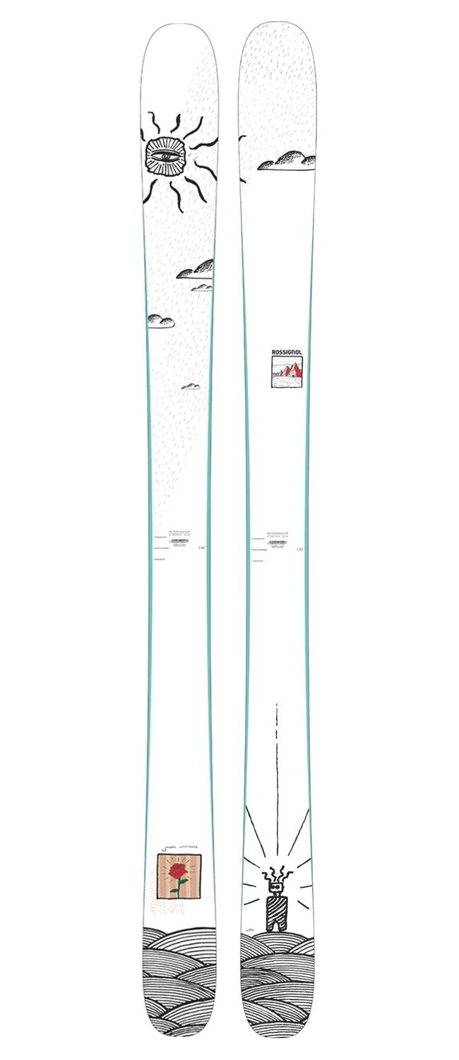 Skis with artistic designs on a white background