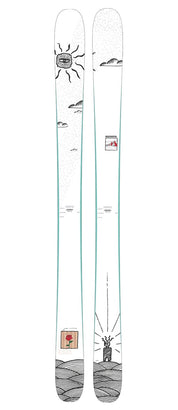 Skis with artistic designs on a white background