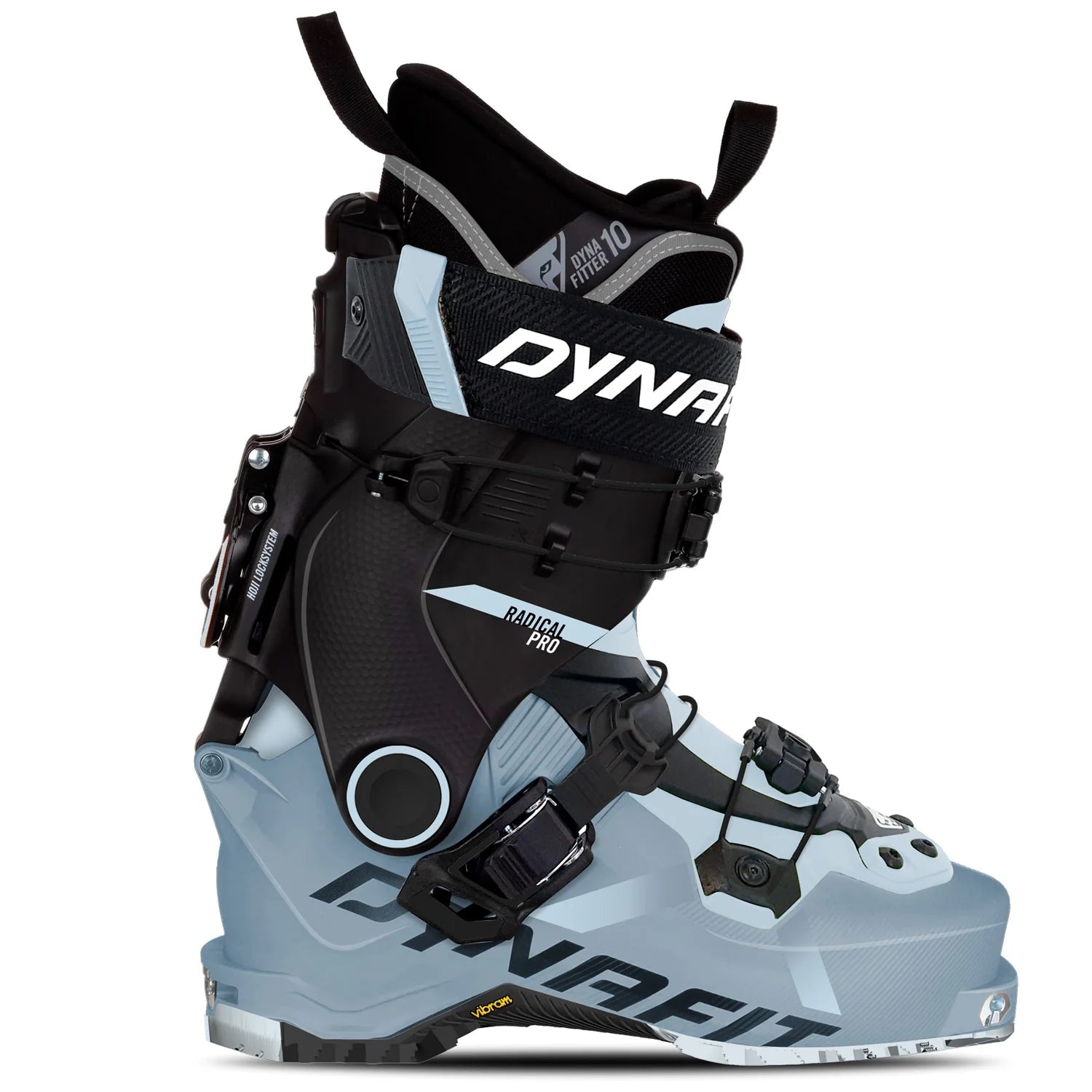 Lightweight 2027 Dynafit Radical Pro Ski Touring boot, blue lower shell, designed for backcountry skiing. Side View.
