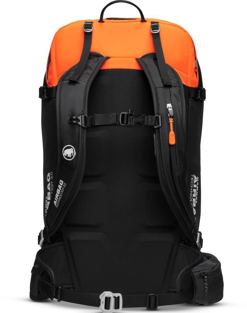 Black and orange backpack with visible brand logos on a white background