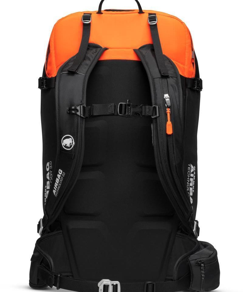 Black and orange backpack with visible brand logos on a white background