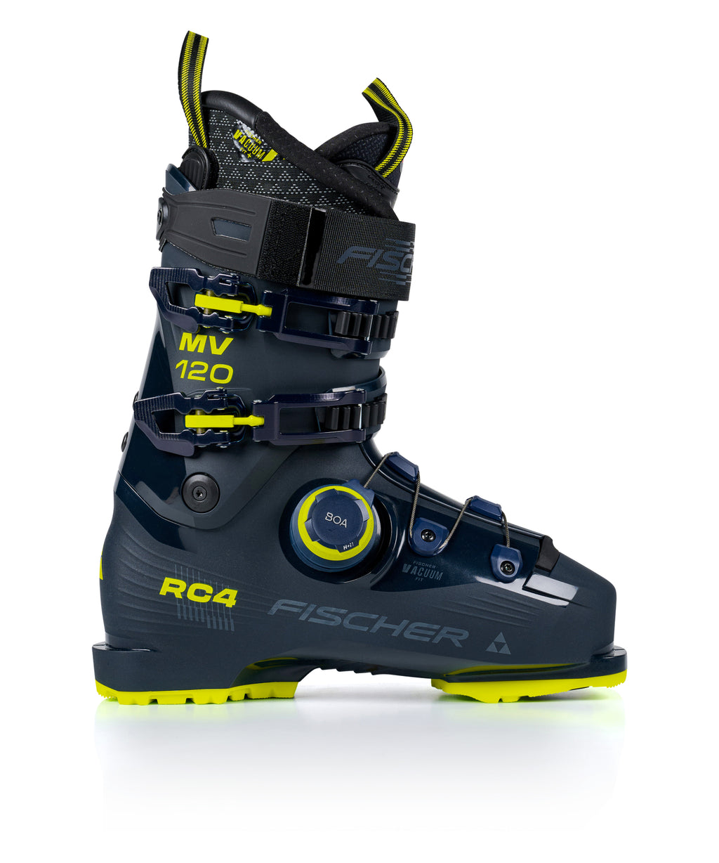 A Fischer ski boot in dark navy blue with bright neon yellow accents, featuring a BOA dial closure system and the model name MV 120, shown from a side profile on a white background.